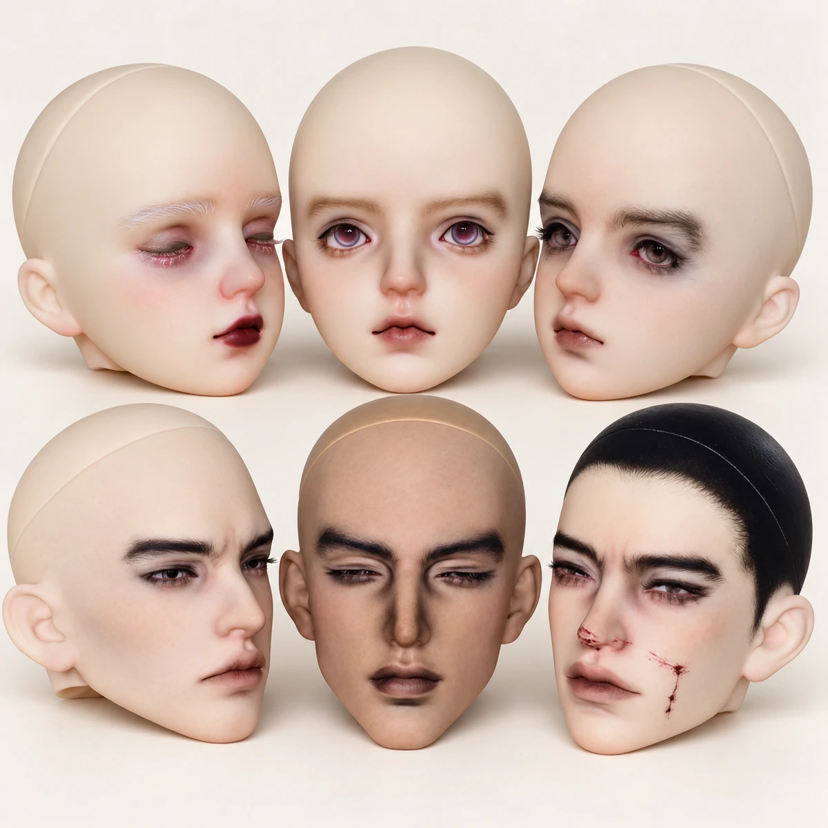 AI-refined illustration of six doll heads with different painted face styles