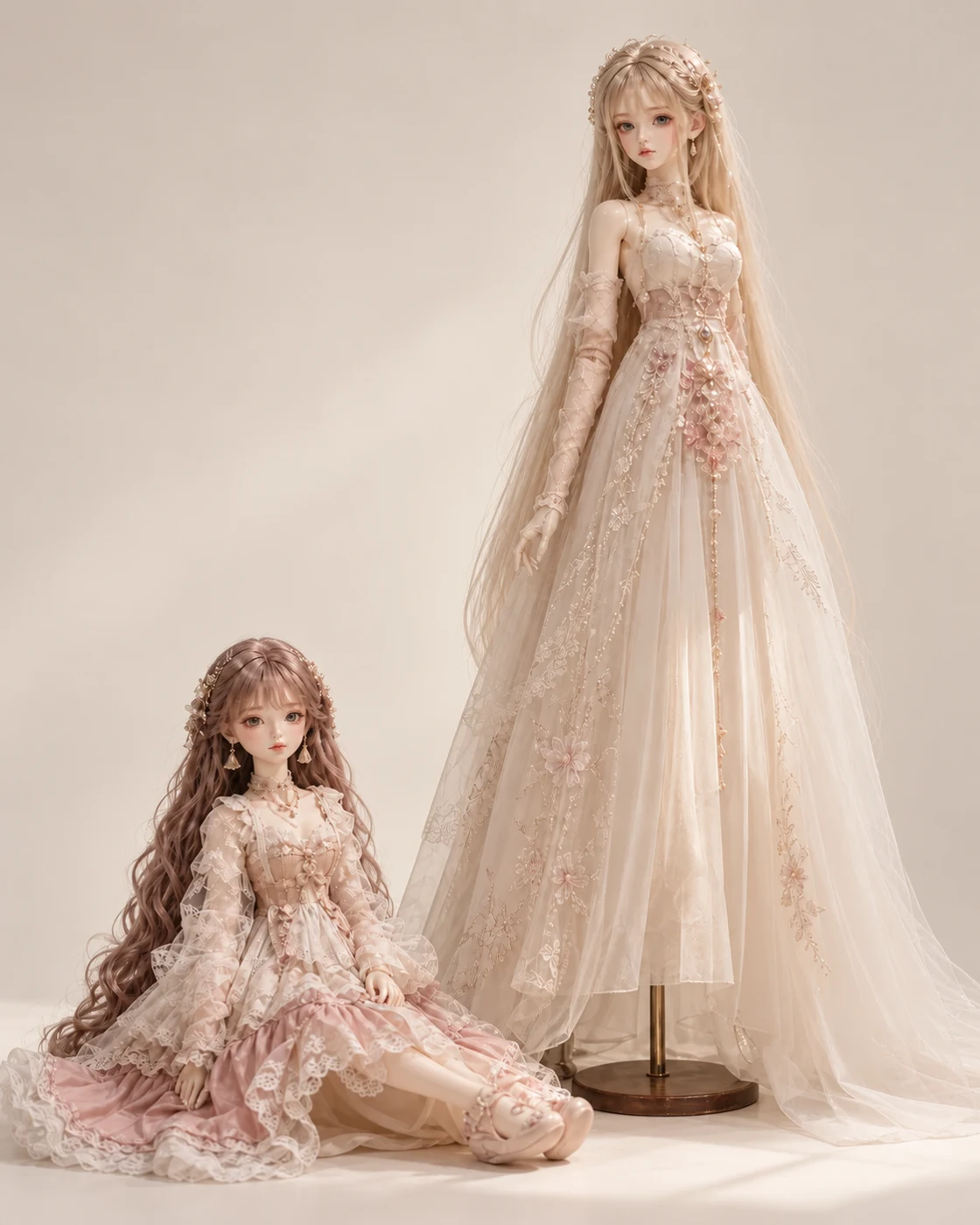 Illustration of two dolls with different display heights; actual dimensions unverified
